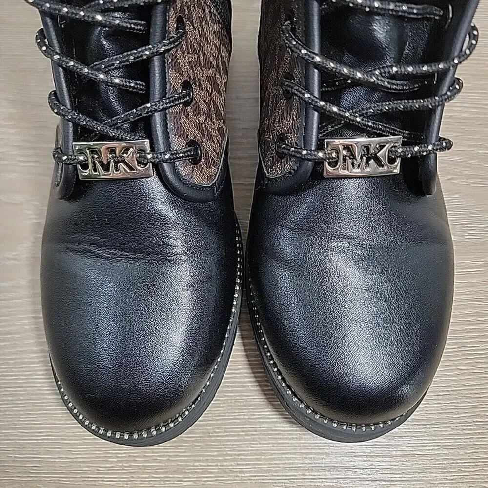 Michael Kors Haskell Black & Brown Logo Combat Boots Y Sz‎ 2